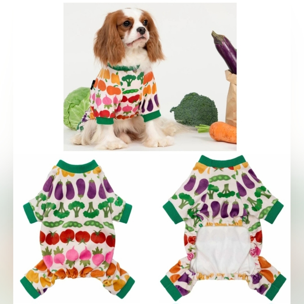 🍎 Nwt Fitwarm Vegetable Prints Dog Cats Pajamas One Piece Velvet Velour Soft